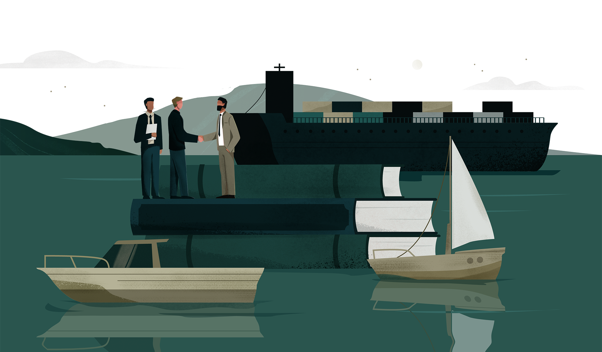 Maritime illustration of figures at the dock with boats