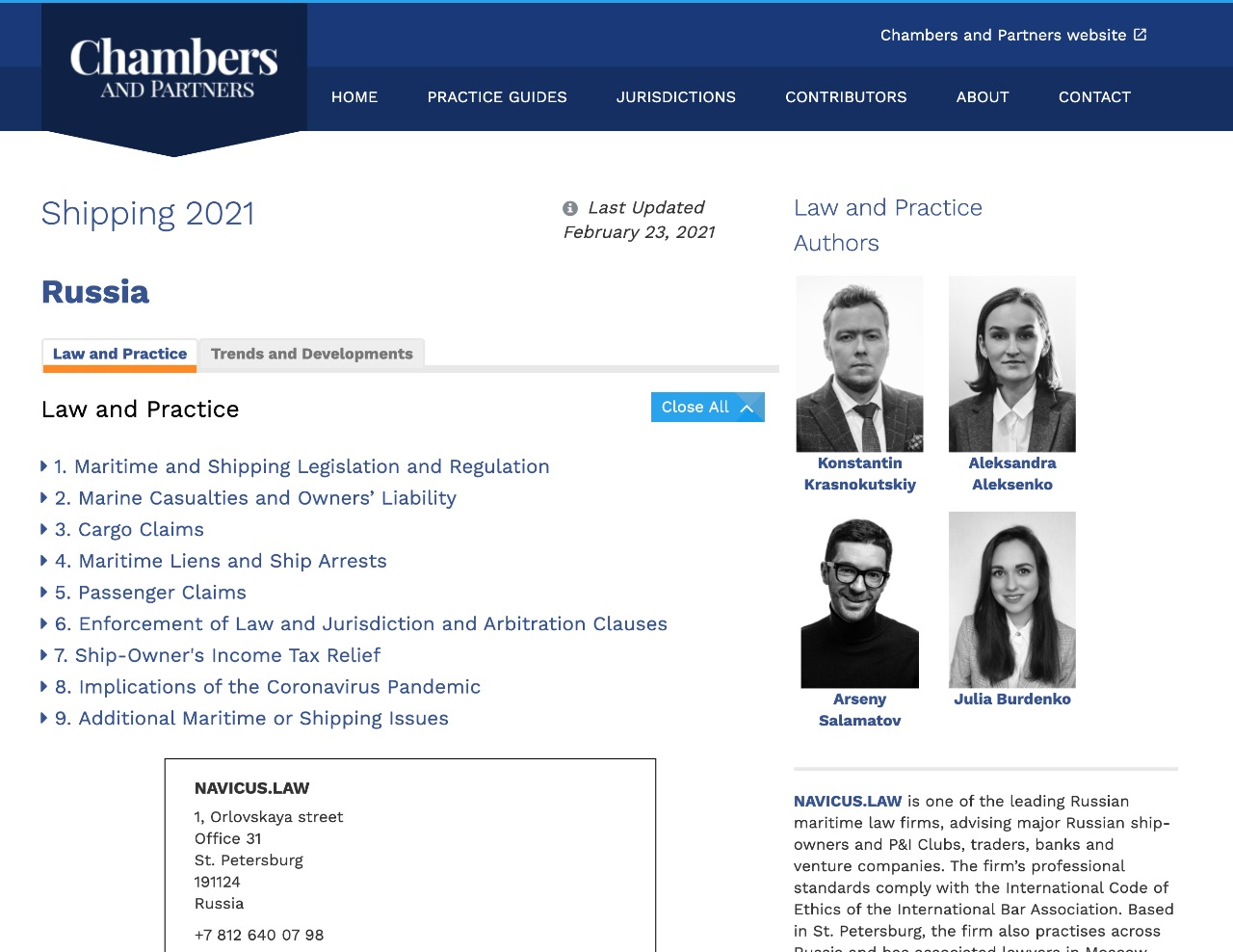 NAVICUS.LAW Team has Contributed to Russia Chapter in Chambers and Partners Shipping 2021 Global Practice Guide
